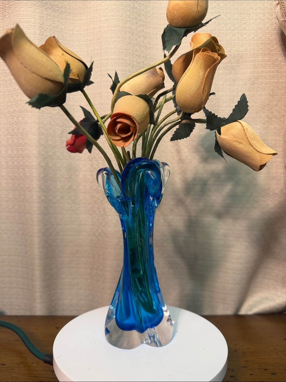 Handblown Blue Glass Vase with Teal Accents